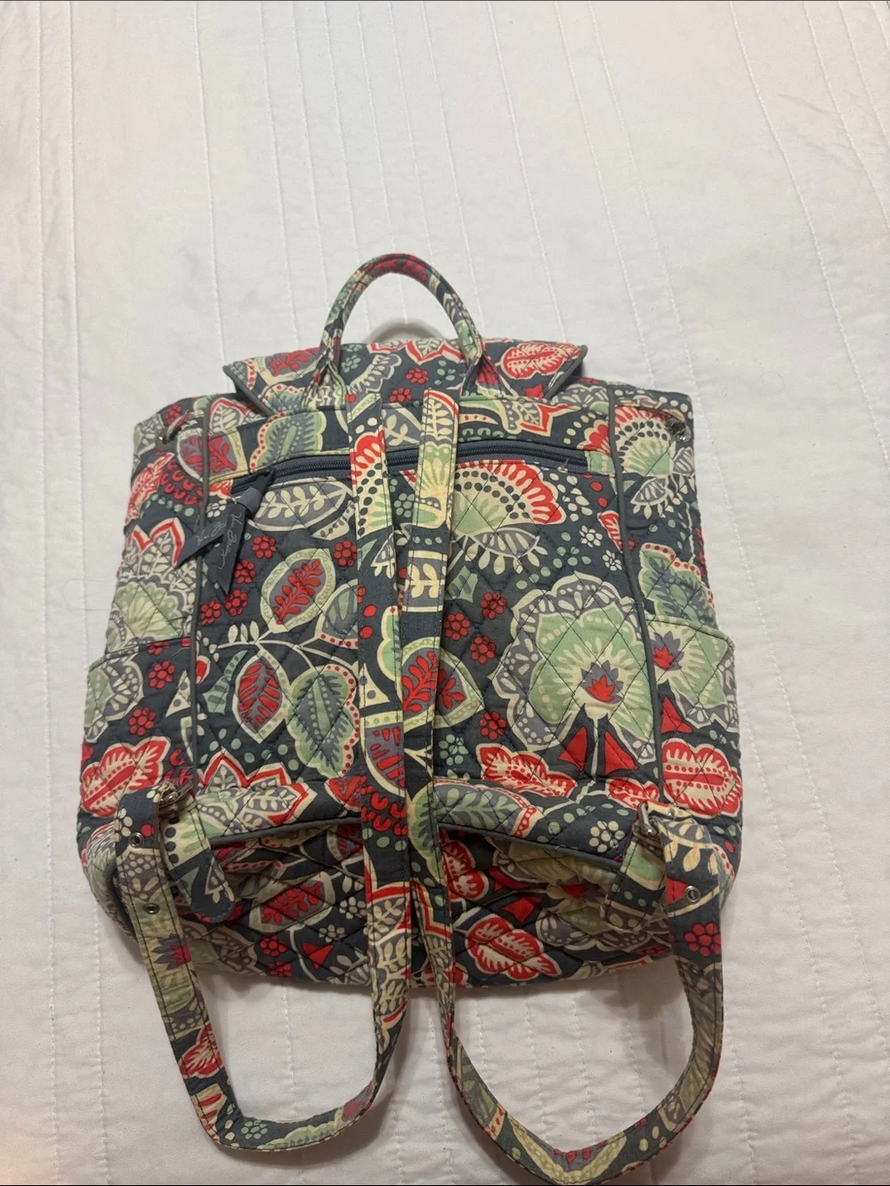 Vera Bradley Quilted Floral Backpack in Gray, Red & Light Green